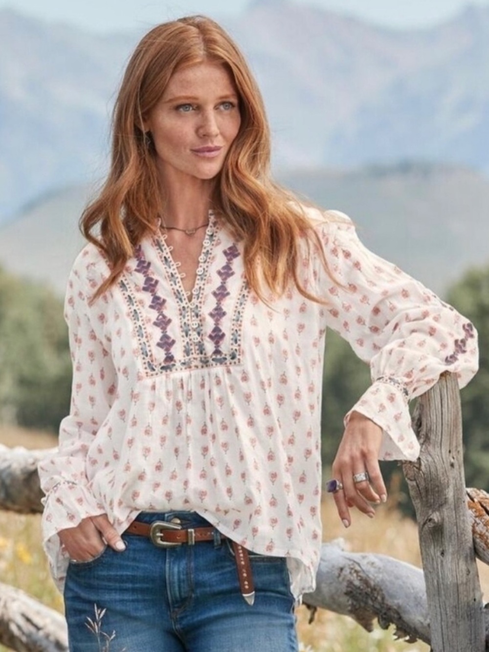 Sundance Great Gallery Embroidered Peasant cotton M boho ruffled cuffs Blouse - Picture 3 of 15